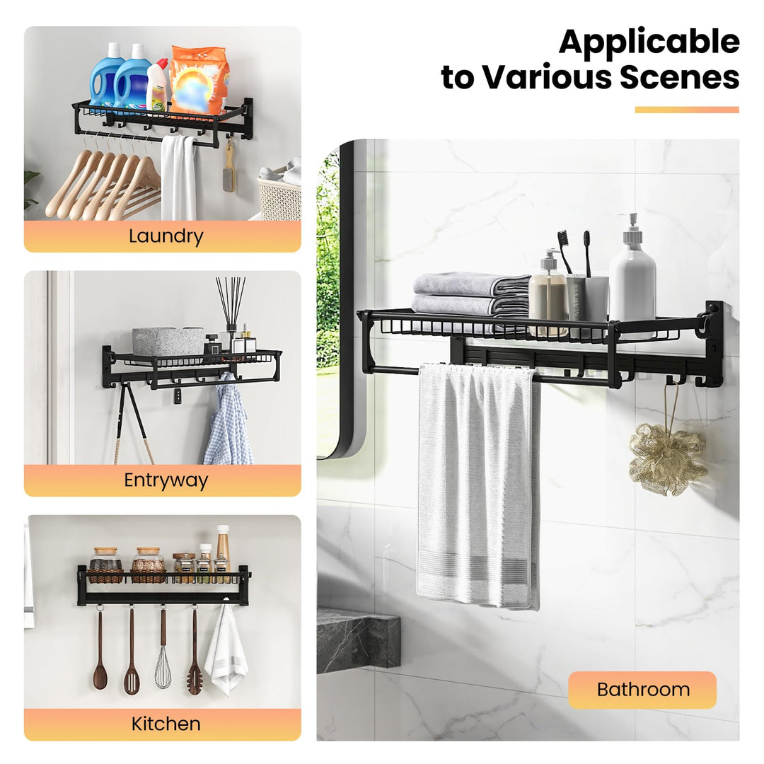 Giantex Foldable Towel Rack for Bathroom, Wall Mounted Towel Holder Organizer w/ 1 Basket, 1 Towel Bar &amp; 5 Sliding Hooks