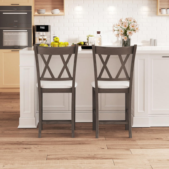 Giantex Wood Bar Stools Set of 2/4, 24" Counter Height Bar Stools w/Cross Back &amp; Linen Fabric Upholstered Seat
