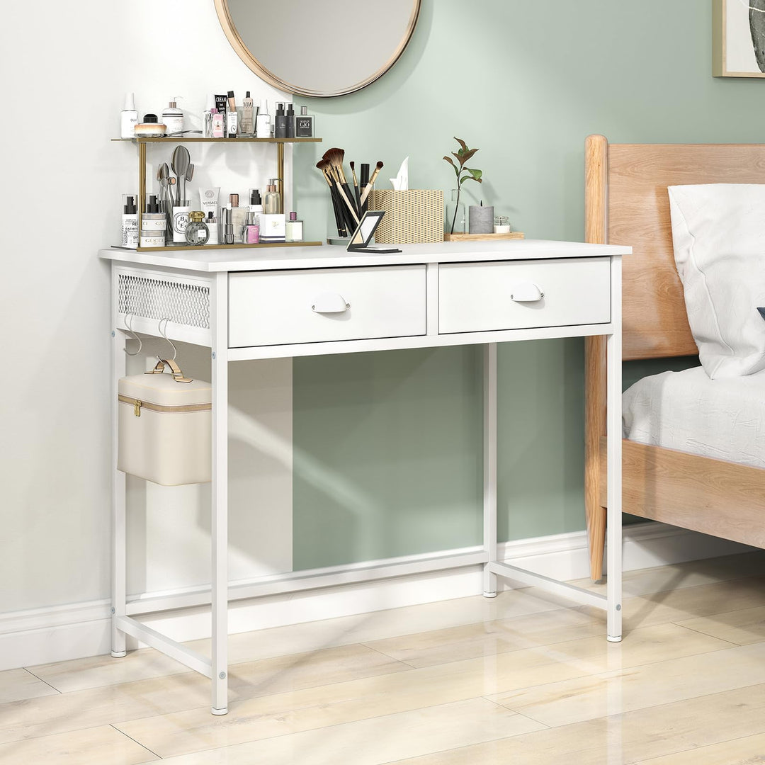 Giantex Small Computer Desk with Fabric Drawers, 36 Inch Home Office Desk with 4 Hanging Hooks &amp; Metal Frame