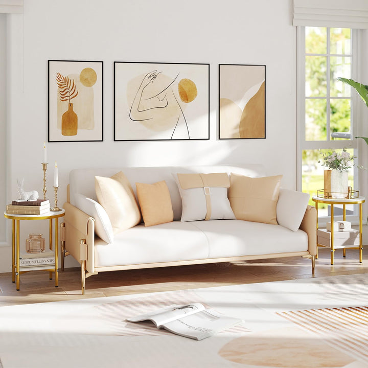 Giantex Round Side Table 2-Tier Faux Marble Sofa Side Coffee Table w/Gold Frame &amp; Open Shelf