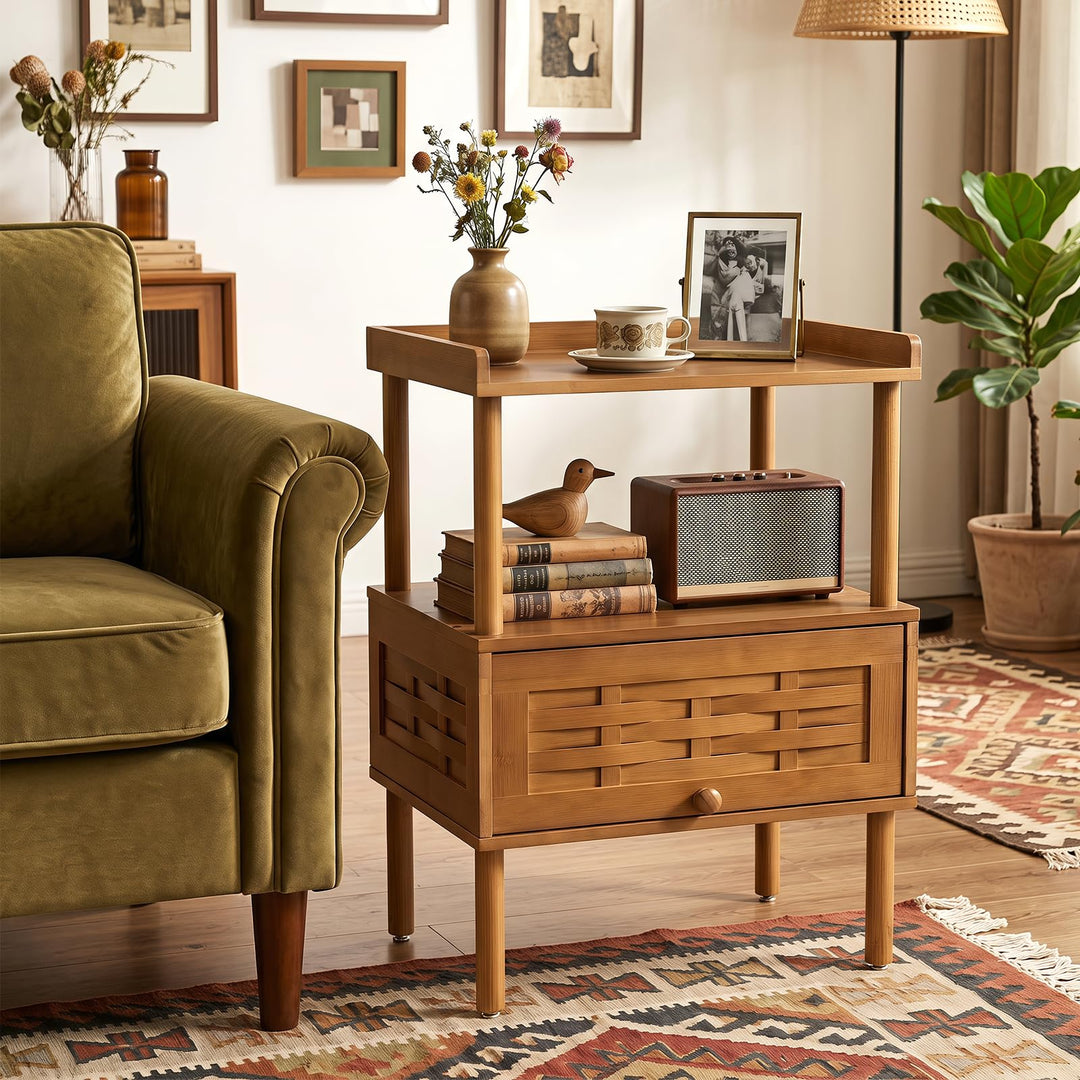 Giantex Boho Bamboo Rattan Nightstand w/Flip-Up Door &amp; Rasied Edge