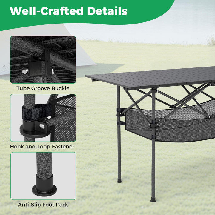 Giantex Folding Camping Table Portable Picnic Table w/Aluminum Roll-up Tabletop &amp; Mesh Basket