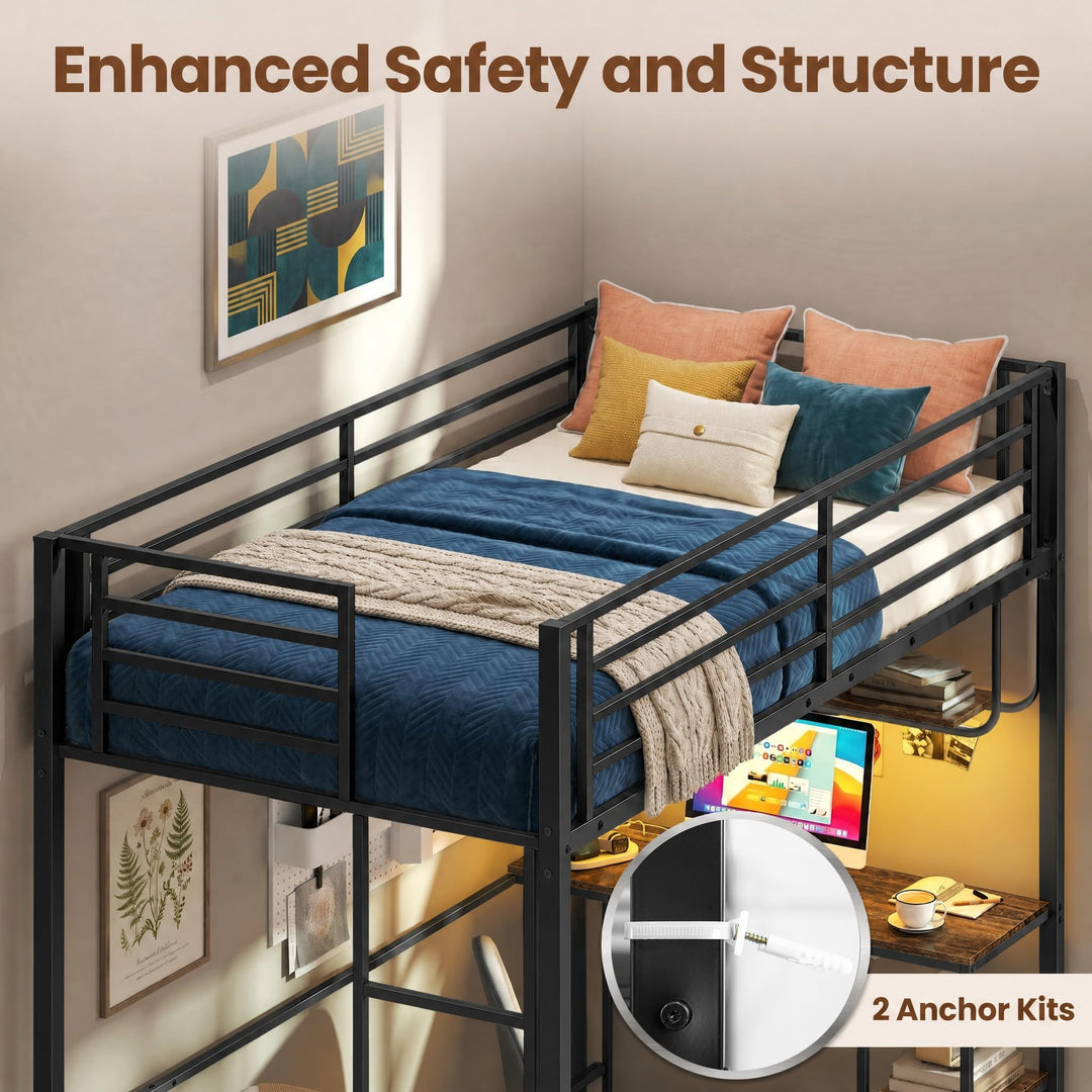 Giantex Twin Loft Bed with Desk LED Lights &amp; Charging Station