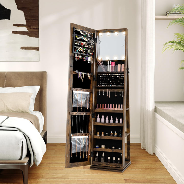 CHARMAID Swivel Jewelry Armoire with Full-Length Mirror &amp; Lighted Makeup Mirror