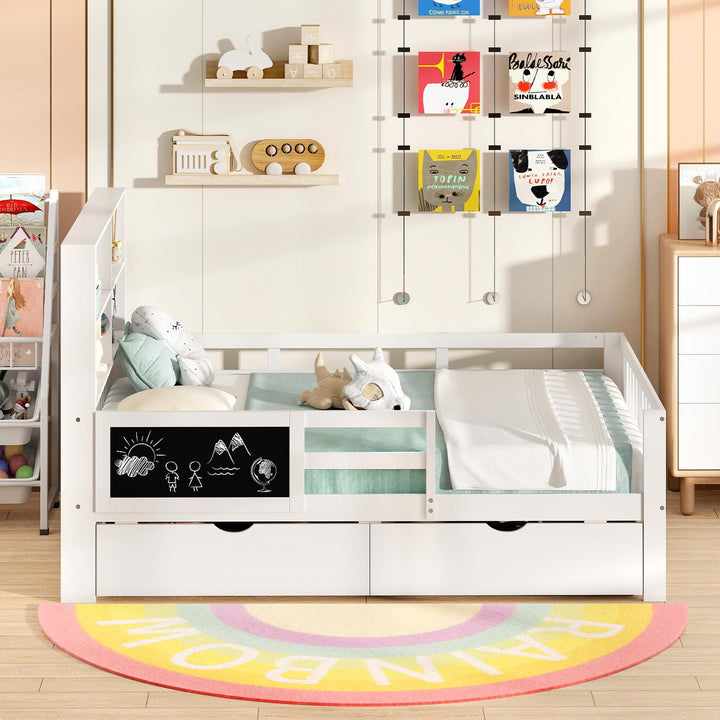 Giantex Full/Twin Size 2 Storage Drawers, Solid Wood Kids Bed Frame w/Bookcase Headboard &amp; Blackboard