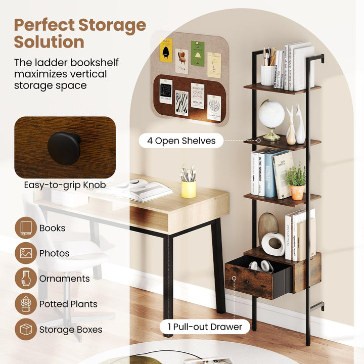 Giantex 5-Tier Ladder Bookcase with Drawer 70" Tall Wall-Mounted Bookshelf with Metal Frame