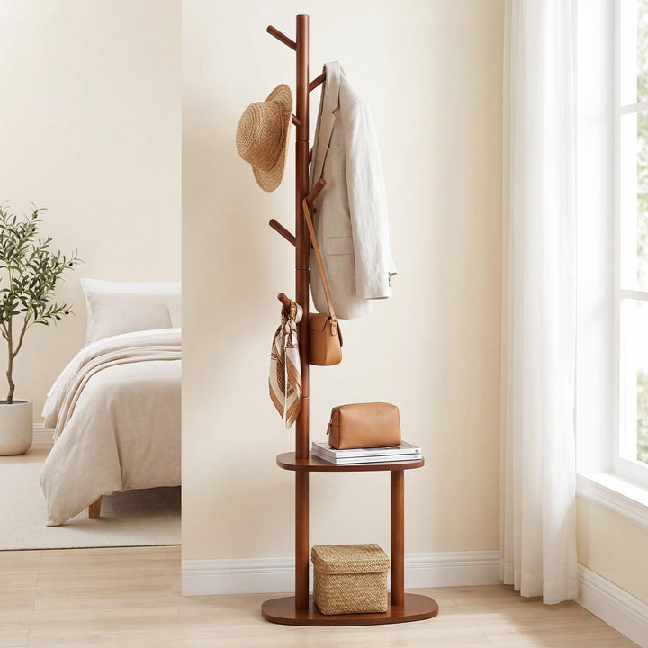 Giantex 70" Solid Wood Clothing Rack with 8 Hooks and 2 Storage Shelves