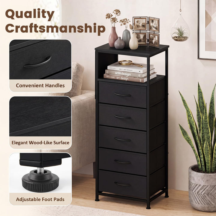 GIANTEX Modern 39" Bedside Table with Integrated Charging Station &amp; 5 Fabric Drawers (1/2)