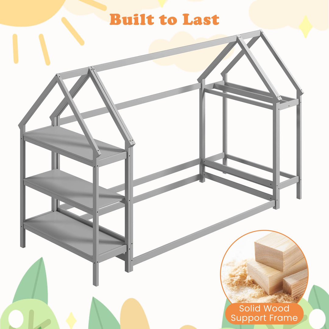 Giantex Twin Floor Bed, Wood Montessori Floor Bed with Detachable 3 Tier Storage Bookshelf &amp; Clothes Rack