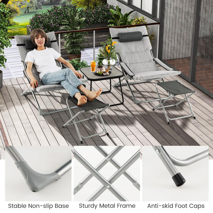 Giantex 5-Piece Patio Bistro Set, Folding Lounge Chairs with Footrest Stool &amp; Side Table, Removable Cushion