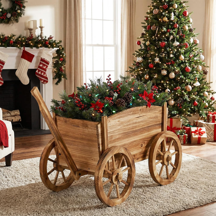 Giantex Wood Wagon Planter Rustic Rolling Flower Pot Stand