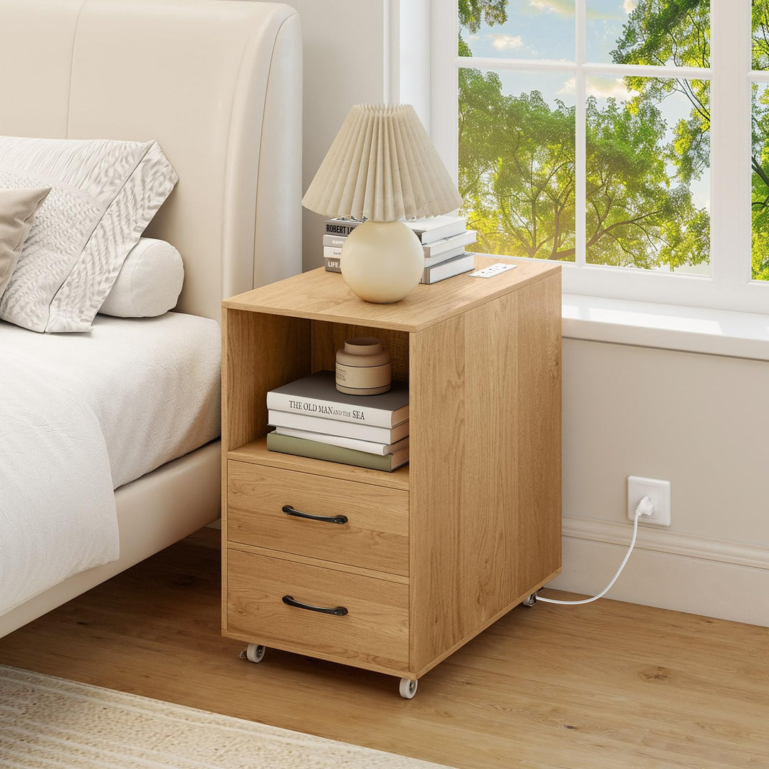 Giantex End Table with Charging Station - Night Stand on Wheels