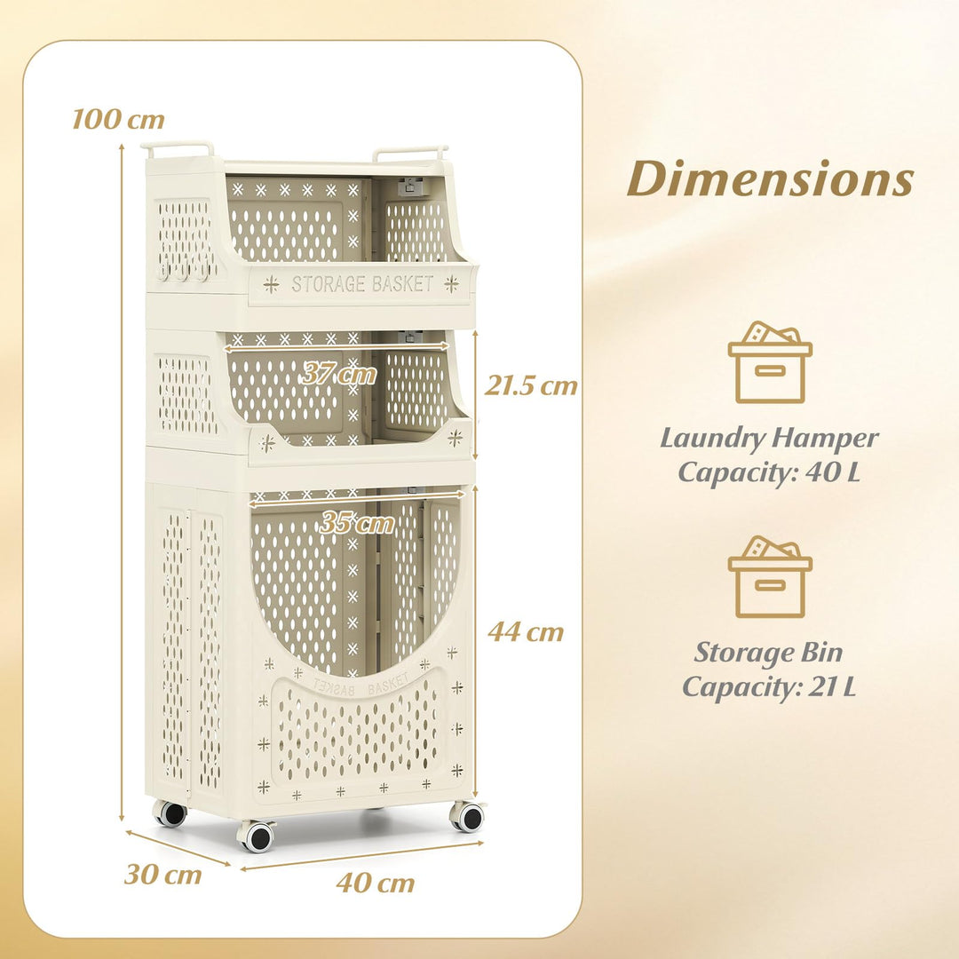 Giantex 4-Tier Rolling Laundry Cart with Wheels Folding Laundry Basket with 3 Baskets