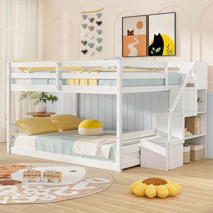 Giantex Bunk Bed with Stairs, Solid Wood Floor Bunk Bed with Storage Staircase &amp; Full-Length Guardrails