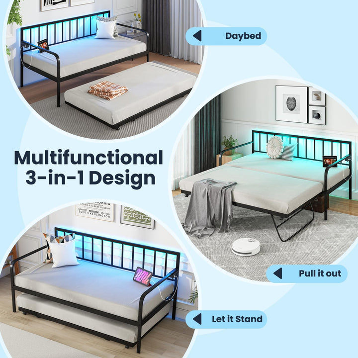 Giantex Twin Daybed with Trundle, Metal Day Bed with Charging Station &amp; LED Lights