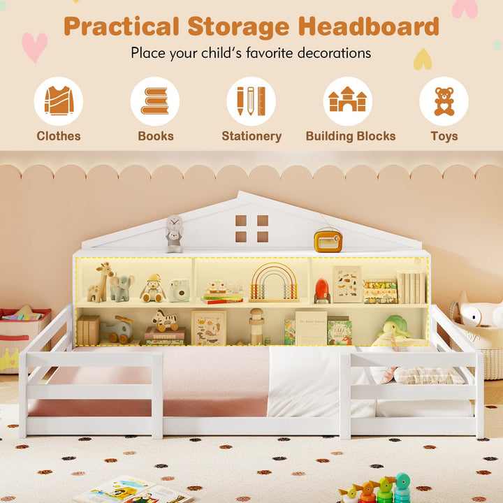 Giantex Montessori Floor Bed with LED Lights 2-in-1 Wooden House Bed Frame with Safety Guardrails