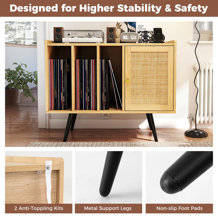 Giantex Record Player Stand w/ Charging Station w/ Rattan Cabinet (Natural)