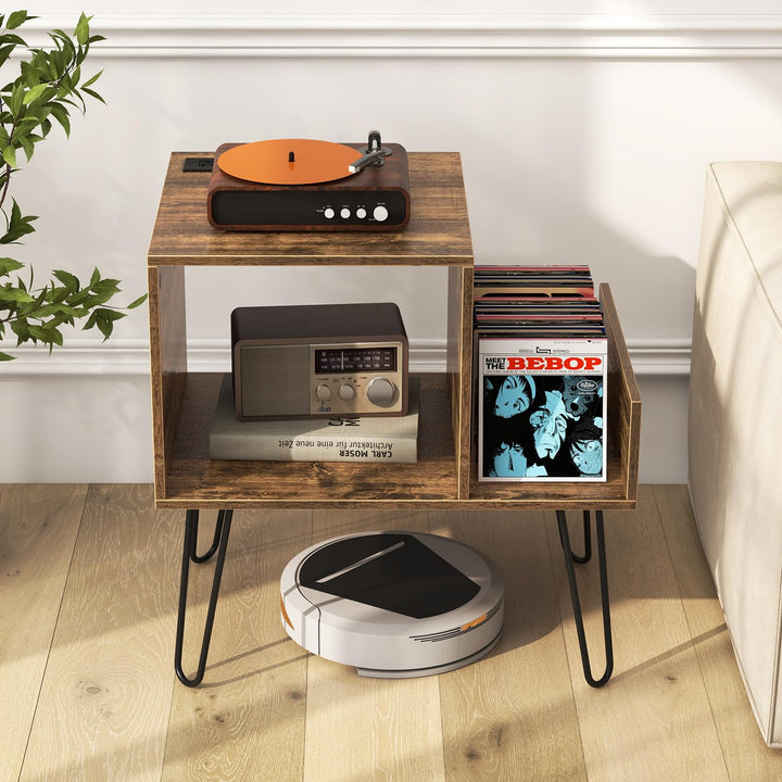 Giantex Record Player Stand with Charging Station, Turntable Stand with Vinyl Divider &amp; Display Shelf
