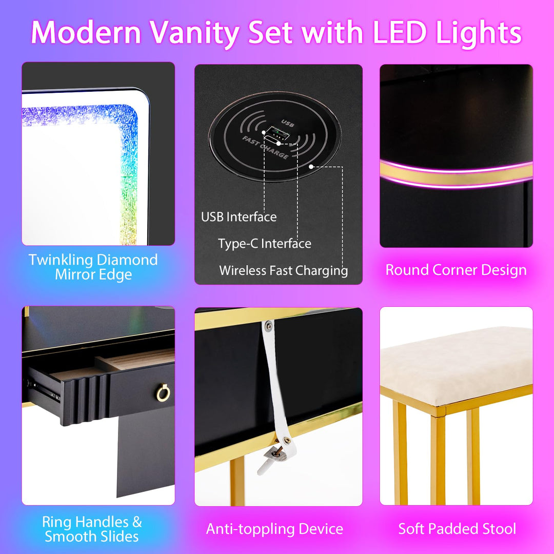 CHARMAID RBG LED Makeup Vanity Table, Colorful Lighted Mirror, 7 Dynamic &amp; 7 Static Modes, 3-Drawer Chest