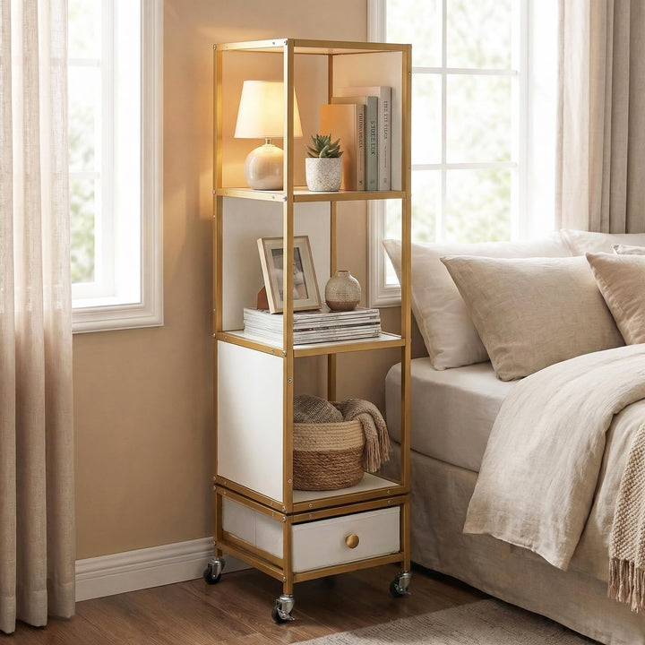 Giantex 4-Tier Rotating Bookshelf | 360° Spinning Corner Book Shelf Tower W/Removable Fabric Storage Drawer