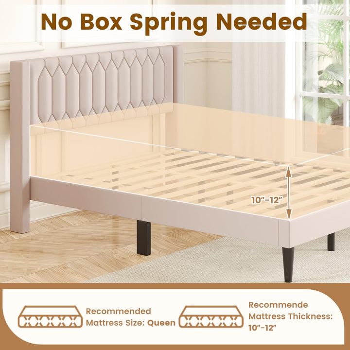 Giantex Queen Size Dutch Velvet/Linen Fabric Upholstered Platform Bed with Wingback Headboard and Wooden Slat Support