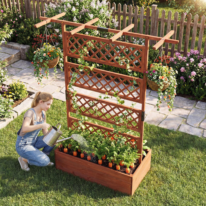 Giantex 72" Wooden Raised Garden Bed with Trellis w/Privacy Screen Roof