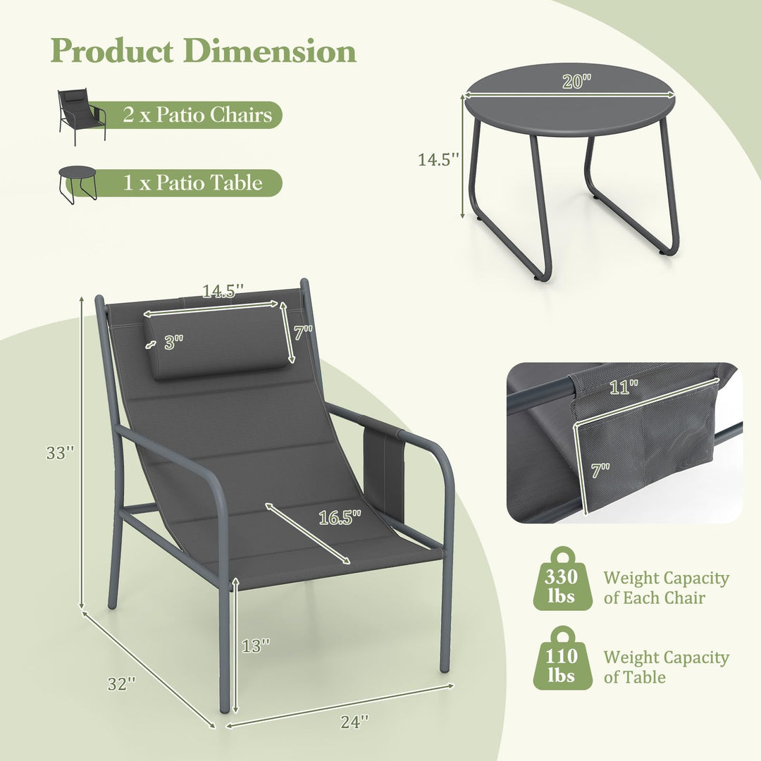Giantex 3 Piece Patio Bistro Set, Outdoor Metal Chairs Set of 2 with Coffee Table, Breathable Fabric Seats