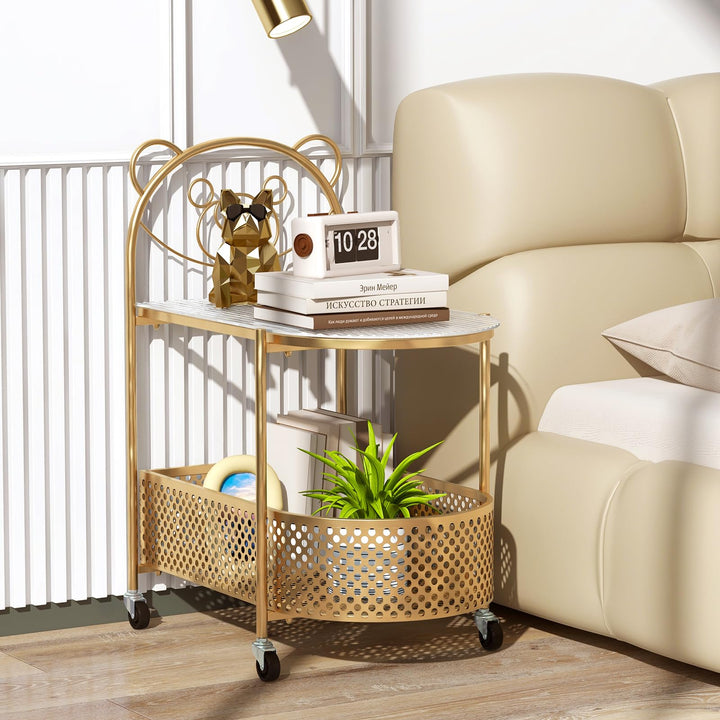 Giantex Mobile Glass Coffee Table, 2-Tier Modern Cocktail Table with Bear Pattern, Storage Basket &amp; Metal Frame