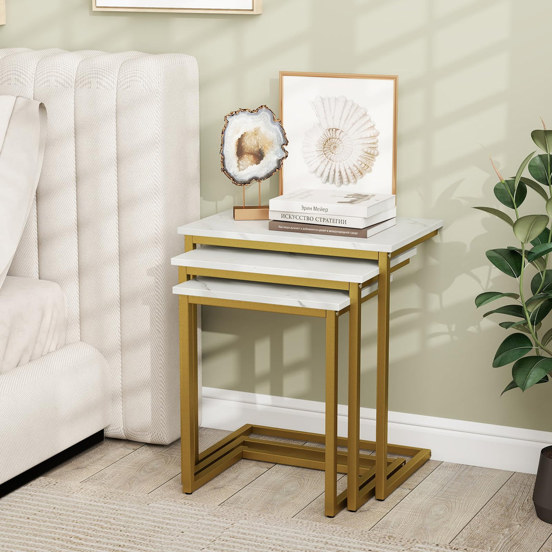 Giantex Nesting Coffee Table Set of 3 Stackable Square End Table w/Faux Marble Tabletop &amp; Heavy-Duty Metal Frame