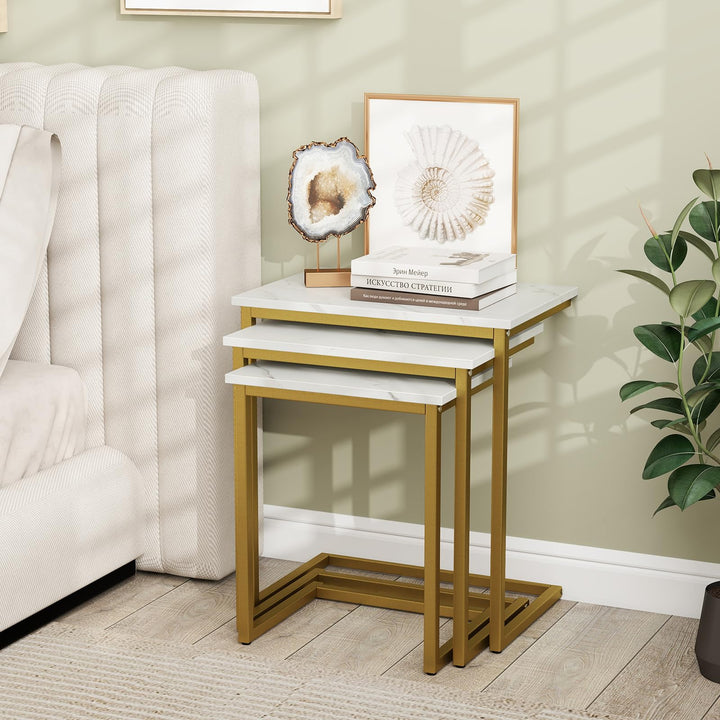Giantex Nesting Coffee Table Set of 3 Stackable Square End Table w/Faux Marble Tabletop &amp; Heavy-Duty Metal Frame