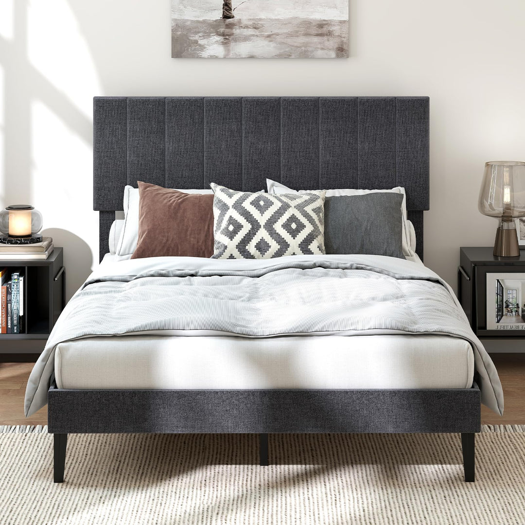 Giantex Queen/Full/Twin Size Upholstered Bed Frame Platform Bed with Height Adjustable Vertical Channel Headboard