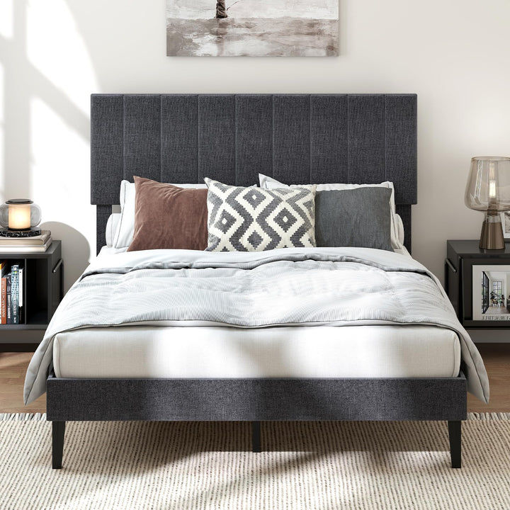 Giantex Queen/Full/Twin Size Upholstered Bed Frame Platform Bed with Height Adjustable Vertical Channel Headboard