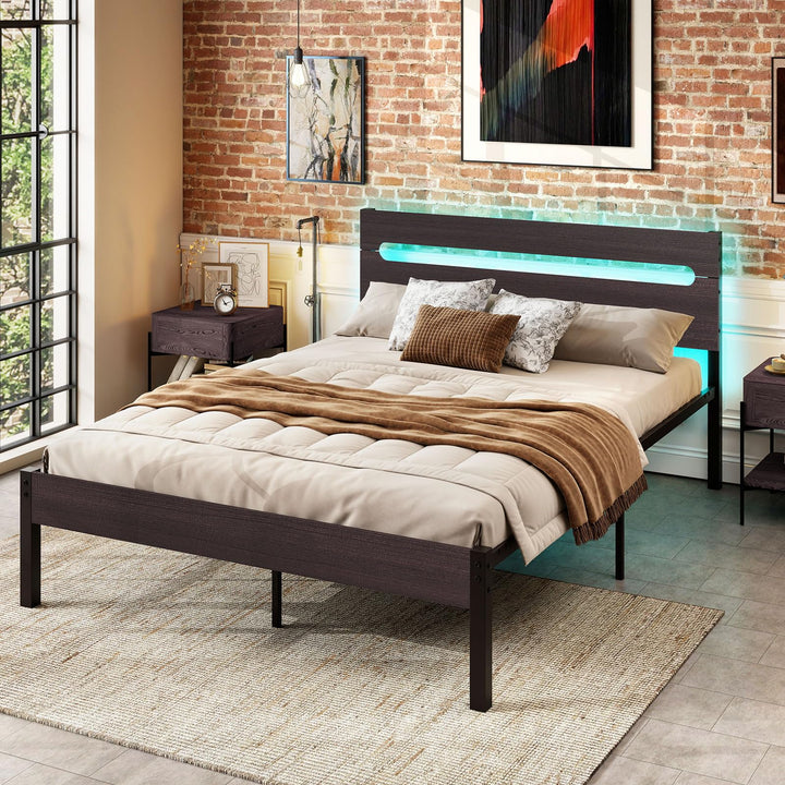 Giantex Full Size LED Bed Frame with Charging Station Rustic Metal Platform Bed