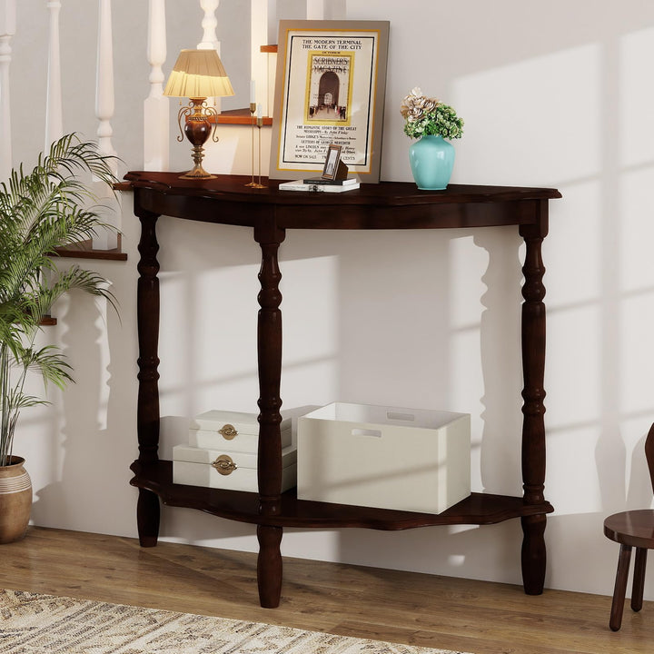 Giantex 42 Inch Half Moon Console Table with Shelf and Rubber Wood Legs