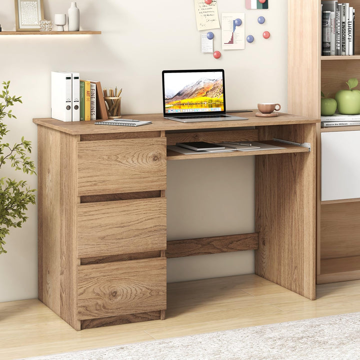 Giantex Computer Desk with Power Outlet, Modern Office Desk with Keyboard Tray &amp; 3 Large Drawers
