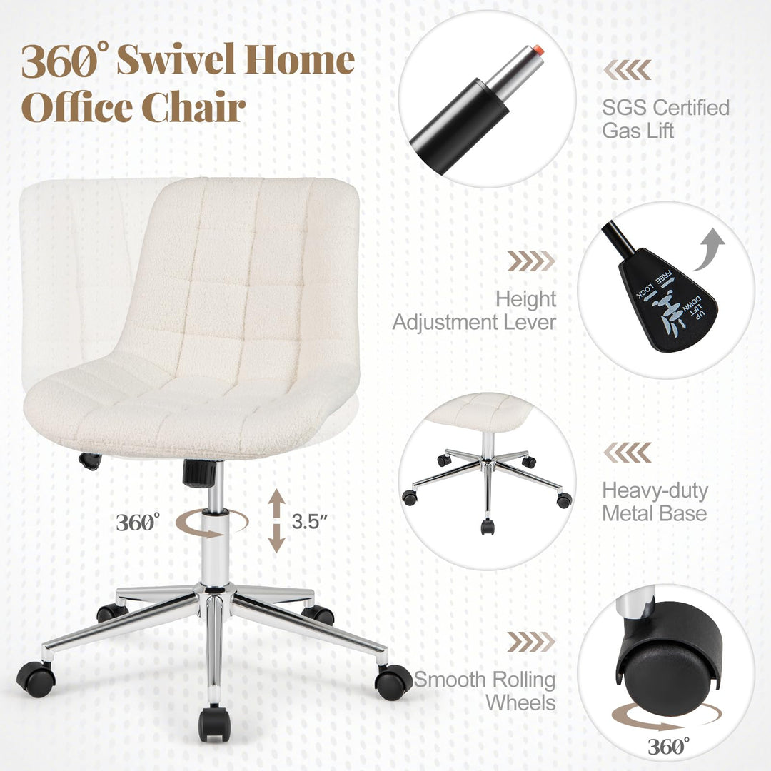 Giantex Armless Office Chair, Modern Faux Fur White Vanity Chair with Wheels &amp; Adjustable Height