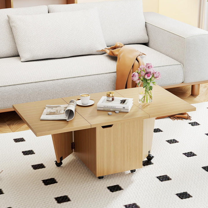 Giantex Folding Coffee Table 48 Inch Drop Leaf Extendable Center Table with Storage Cabinet &amp; Wheels