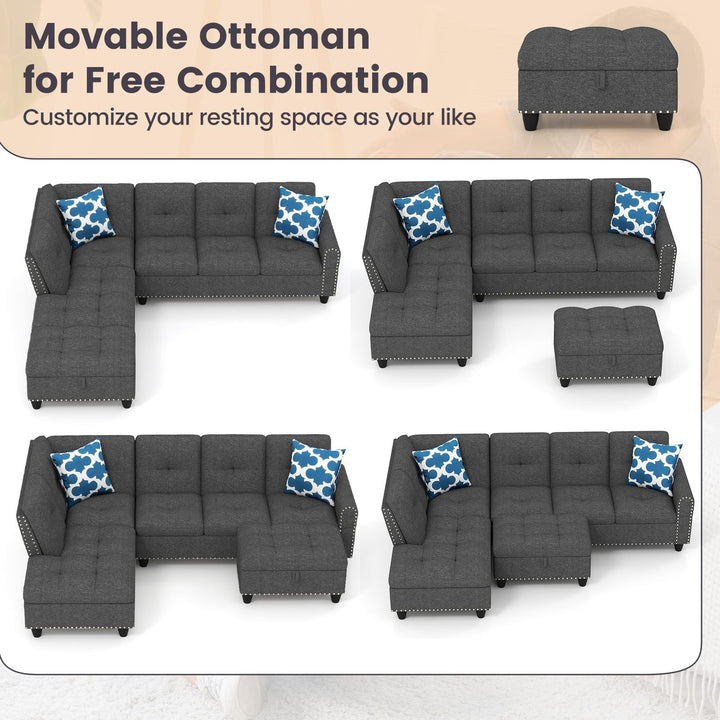 Giantex 98 Inches Sectional Sofa Couch with Movable Storage Ottoman and Linen Fabric Backs