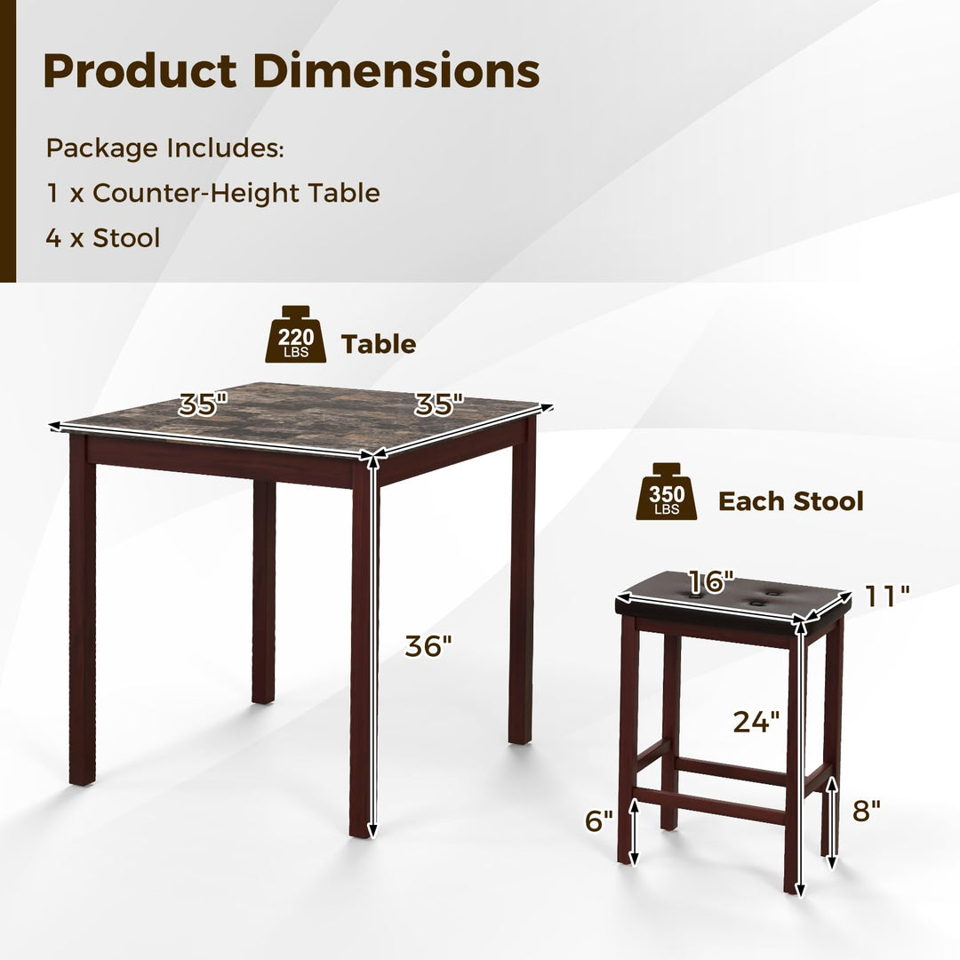 5-Piece Bar Table Set Counter-Height Dining Table and 4 Bar Stools-Brown &amp; White
