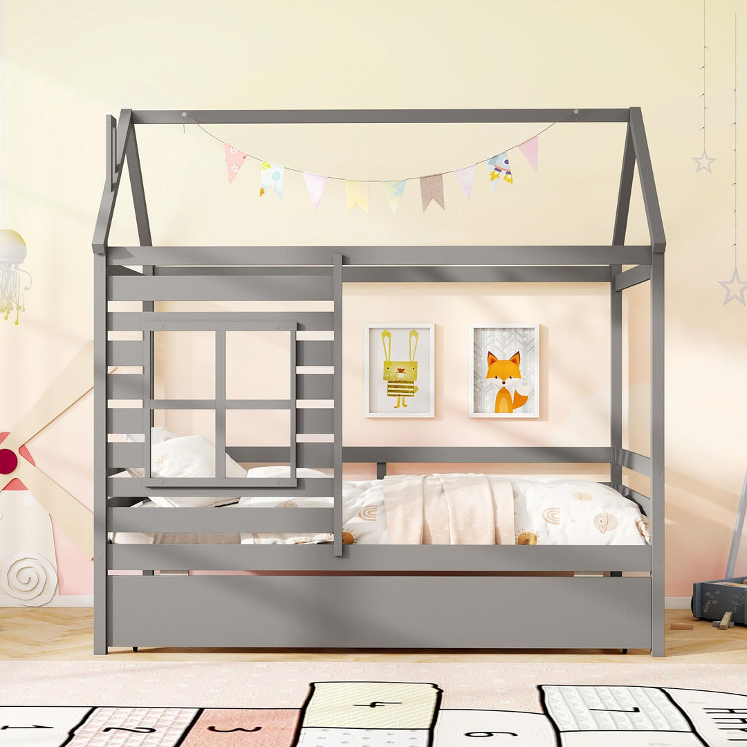 Giantex Twin House Bed with Trundle Bed Twin, Wooden Twin Bed Frames with Roof, Chimney &amp; Window