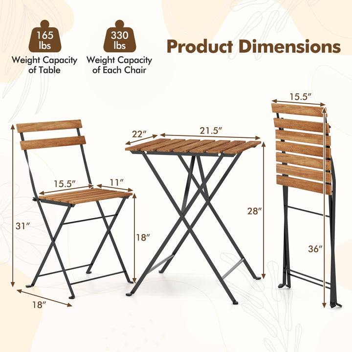 Giantex 3-Piece Acacia Wood Bistro Set with 2 Folding Chairs, Slatted Seat &amp; Tabletop