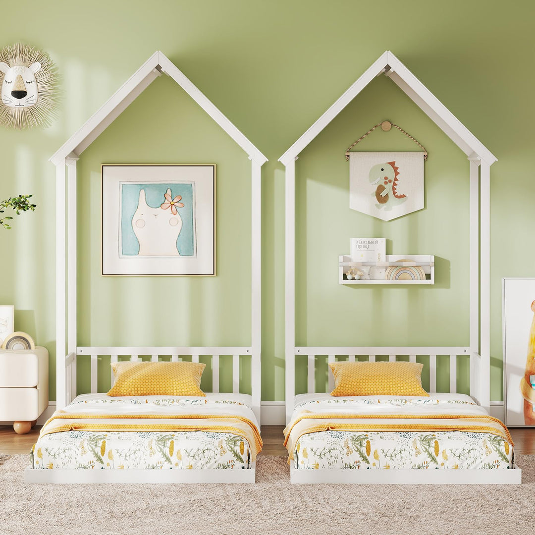 Giantex Twin Size House Bed Montessori Floor Bed with House Shape Roof &amp; Semi-Fence