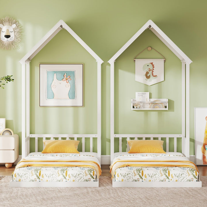 Giantex Twin Size House Bed Montessori Floor Bed with House Shape Roof &amp; Semi-Fence