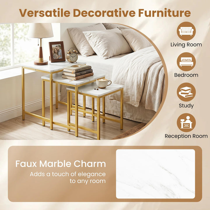 Giantex Nesting Coffee Table Set of 3 | Faux Marble Coffee Table with Metal Frame