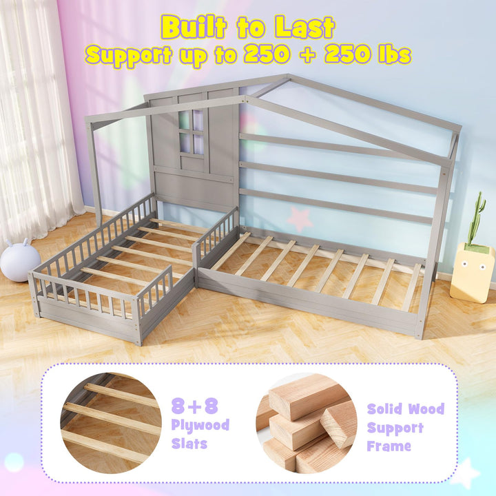 Giantex Double Twin Beds for Kids, House L-Shaped Platform Beds with Window &amp; Fences