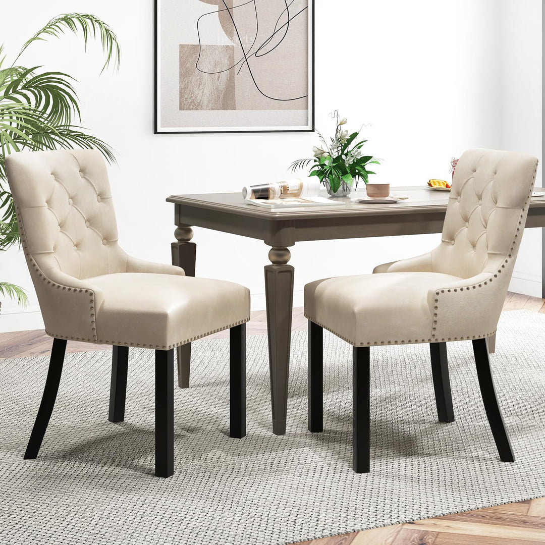 Gianex Upholstered Dining Chairs Set, Wood Wingback Accent Chairs w/Rubber Wood Legs &amp; Nailhead Button Tufted Back