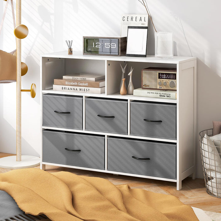 Giantex Storage Cabinet with 5 Drawers &amp; 2 Cube Shelves, Chest of Drawers, Console Table, White &amp; Grey