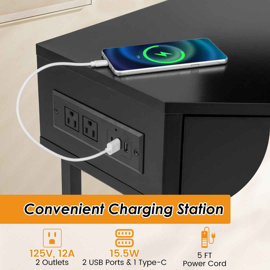 Giantex Corner Desk with Charging Station, 90 Degree Triangle Computer Desk with 2 Drawers &amp; Storage Shelf