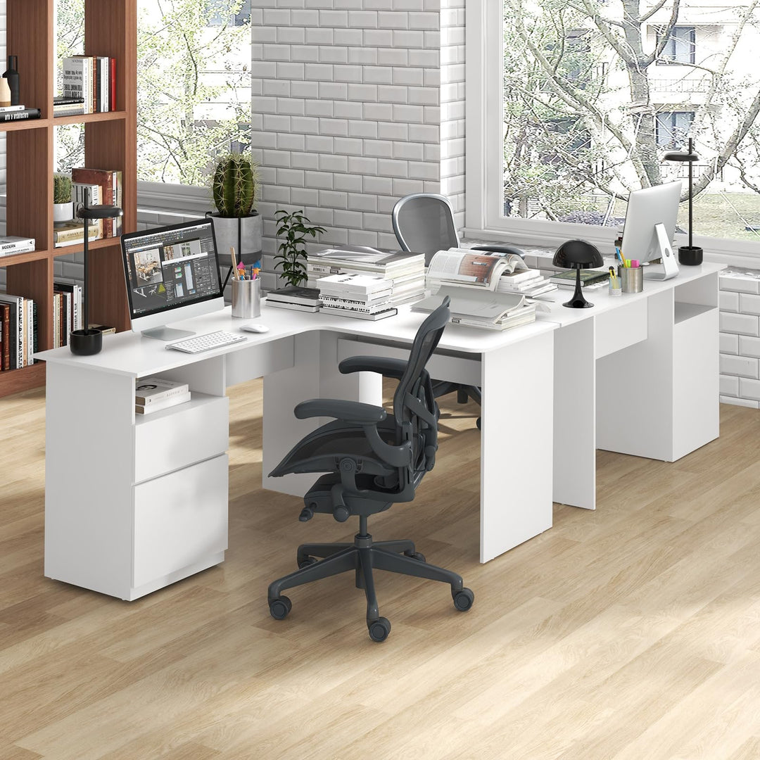 Giantex L Shaped Computer Desk with Drawers, 59" Corner Desk Workstation with Storage Shelf &amp; Cable Holes