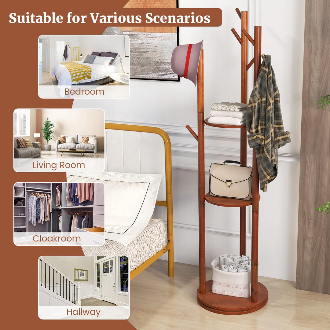 Giantex Coat Rack Freestanding, Wooden Rotary Coat Tree w/ 3 Display Storage Shelves &amp; 9 Hooks